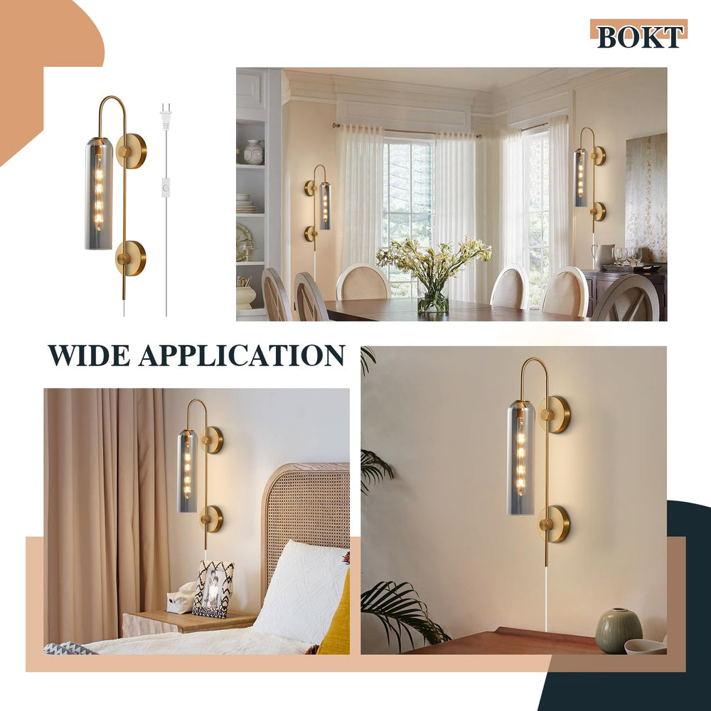 BOKT Plug-In or Hardwired Wall Sconce with Smoke Gray Glass, Mid Century Modern Gold 1-Light Fixture for Bedroom and Bathroom