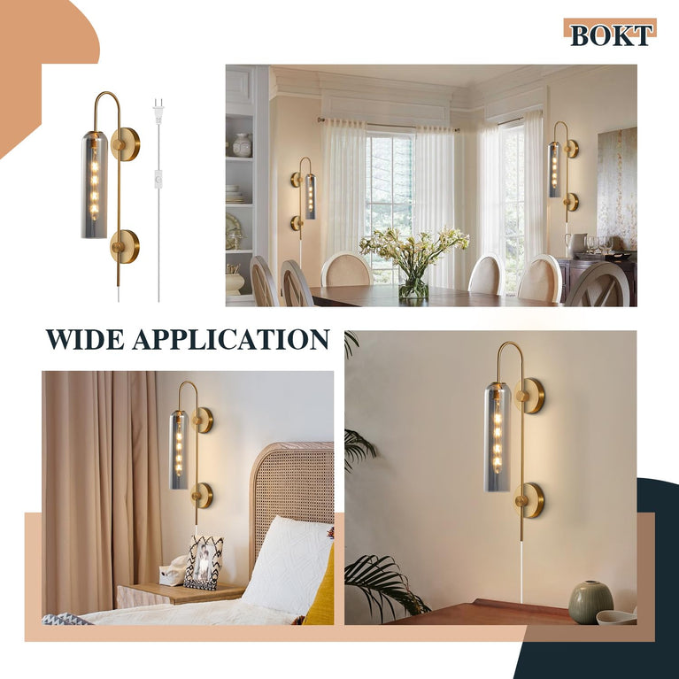 BOKT Plug-In or Hardwired Wall Sconce with Smoke Gray Glass, Mid Century Modern Gold 1-Light Fixture for Bedroom and Bathroom