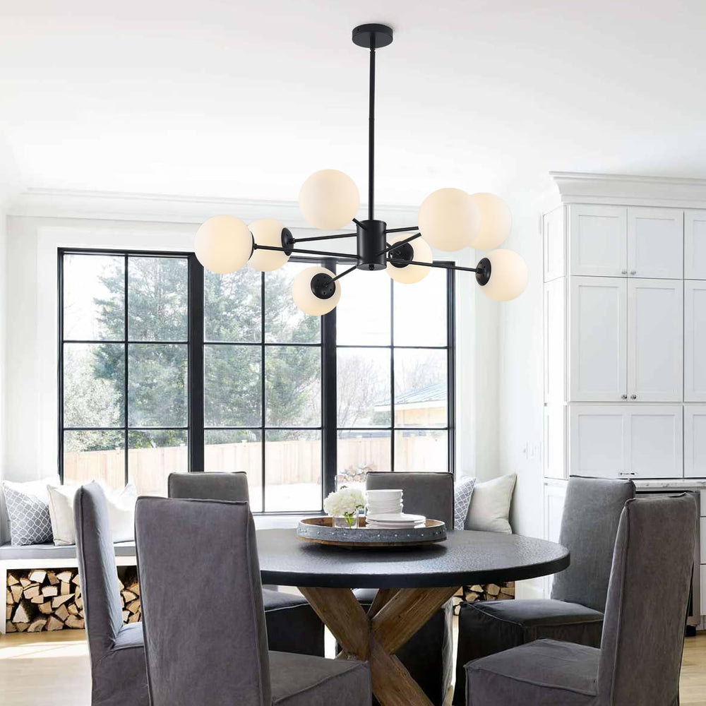 BOKT Modern 8-Lights Globe Sputnik Chandelier Mid Century Matte Black Chandelier Ceiling Mount Light Fixture with Milky White Glass Glass Lampshade  for Dining Room Living Room