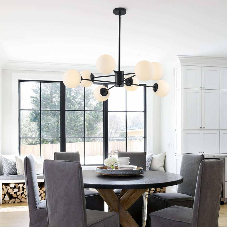 BOKT Modern 8-Lights Globe Sputnik Chandelier Mid Century Matte Black Chandelier Ceiling Mount Light Fixture with Milky White Glass Glass Lampshade  for Dining Room Living Room