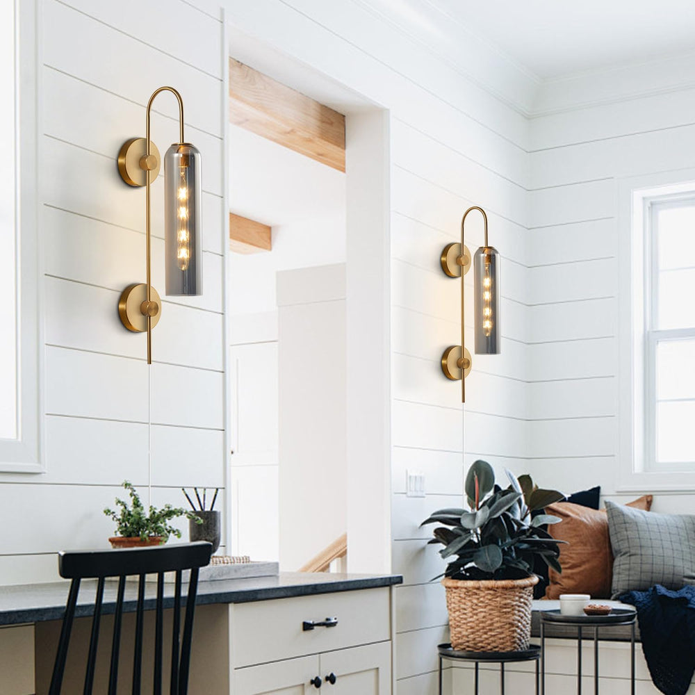 BOKT Plug-In or Hardwired Wall Sconce with Smoke Gray Glass, Mid Century Modern Gold 1-Light Fixture for Bedroom and Bathroom