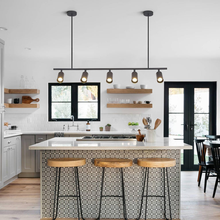 BOKT Matte Black Metal 5-Lights LED Linear Track Lighting Mid Century Modern Hanging Track Lighting Commercial Pendant Light Fixture Adjustable Industrial Ceiling Spot Lighting