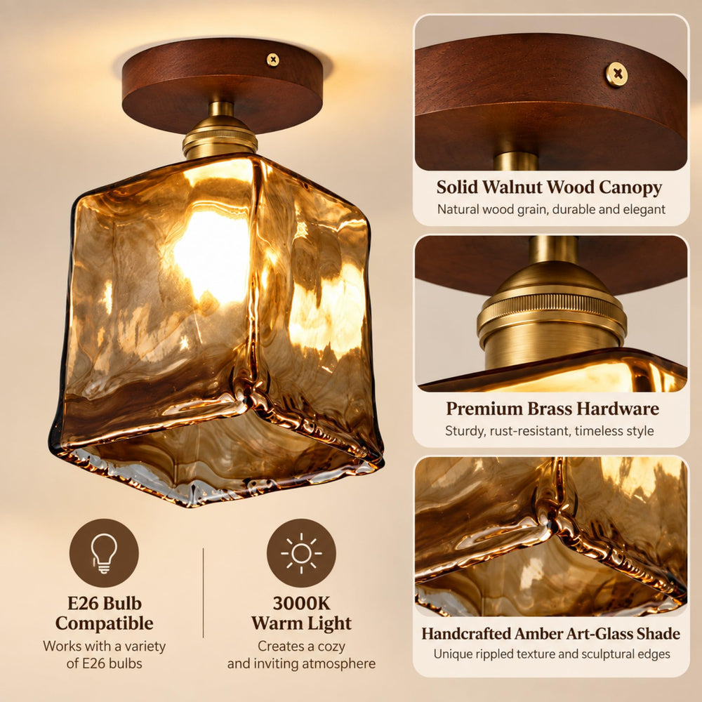 BOKT Amber Glass Semi Flush Mount Ceiling Light Brass Walnut Square