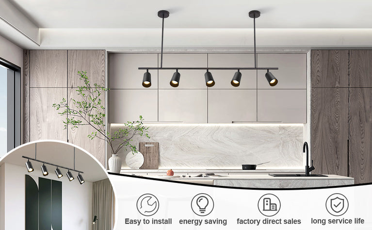 BOKT Matte Black Metal 5-Lights LED Linear Track Lighting Mid Century Modern Hanging Track Lighting Commercial Pendant Light Fixture Adjustable Industrial Ceiling Spot Lighting