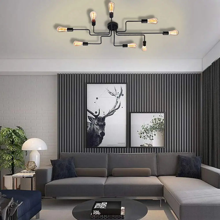 Black 8-light Sputnik semi-flush chandelier, product view 4